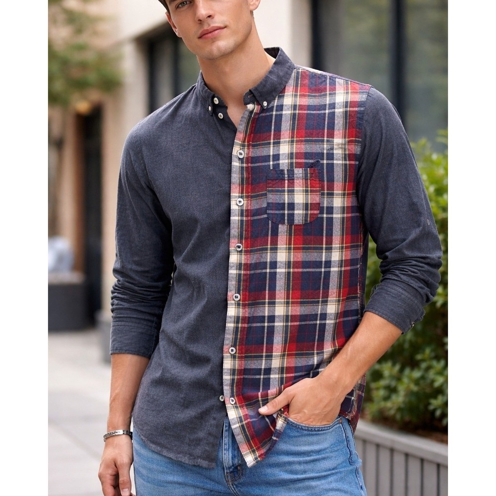 Casual stitched plaid button down mandarin‎ style collar long sleeve Mens Large